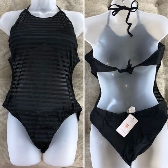 SelfieGo Black Tonal Stripe 1pc Swimsuit XXL - Picture 1 of 10